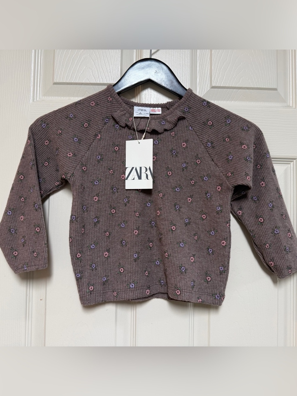 ZARA Brown Ribbed Sweater with Pink & Purple Floral Print